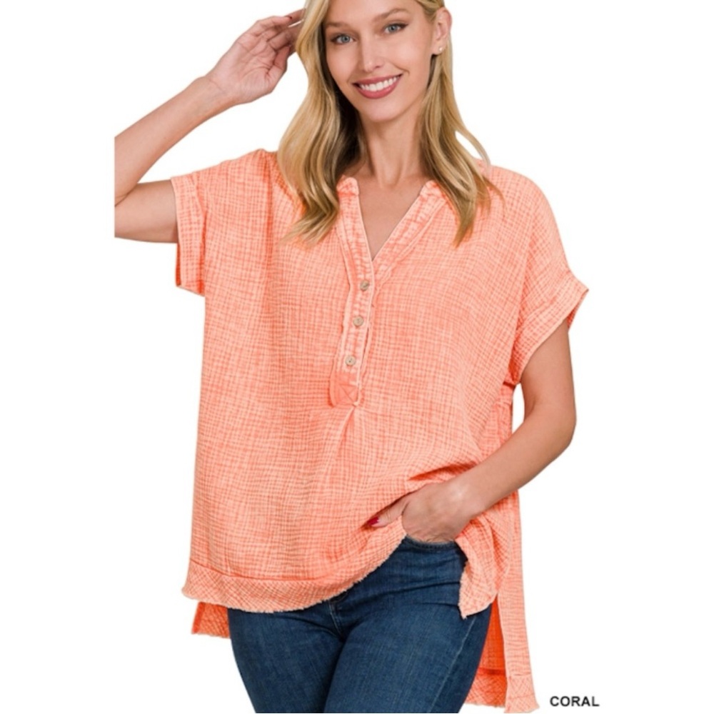 NEW - Zenana Coral Mineral Washed Gauze Button-Up Henley